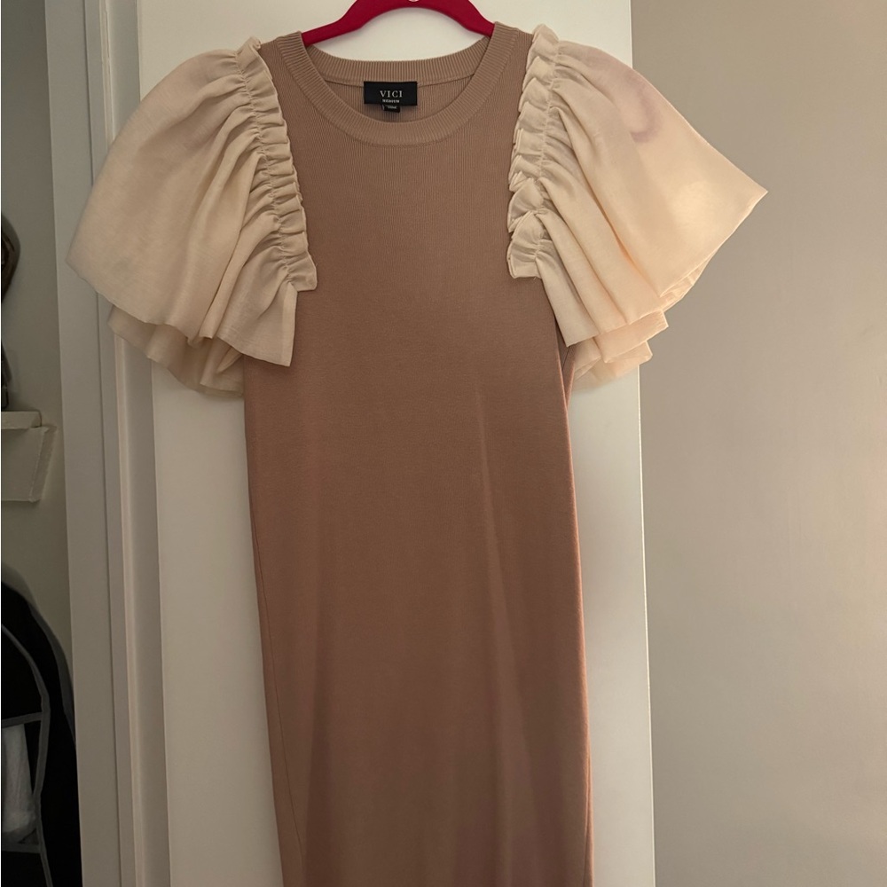 Vici Tan Dress with Cream Ruffle Sleeves